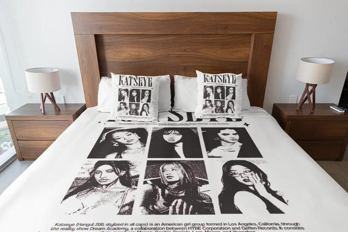 white katseye set of bed sheets with pillowcases